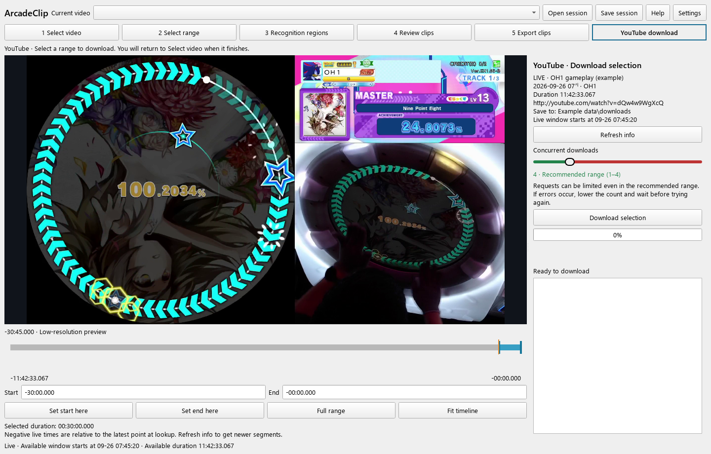 라이브의 마지막 30분을 고르는 화면 / Selecting the last 30 minutes of a live stream